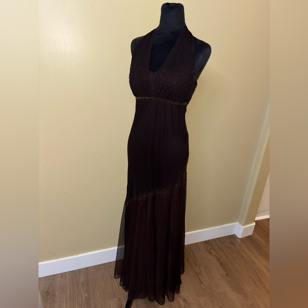 Y2K Vintage Xscape Brown Halter Maxi Dress with Subtle Beading